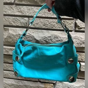 Vintage KOOBA leather shoulder bag grommet purse teal blue y2k